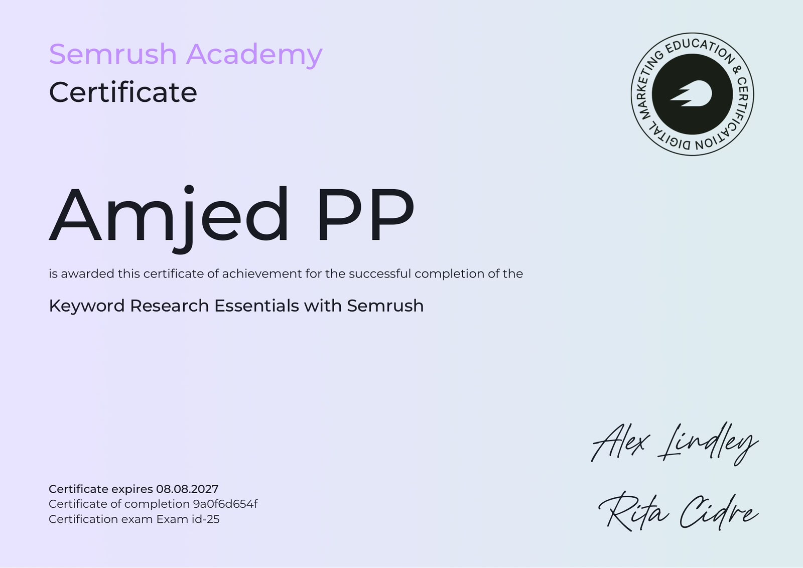 **Alt text:** Semrush Academy certificate awarded to Amjed PP for successfully completing “Keyword Research Essentials with Semrush,” with certificate details, expiration date, and signatures.