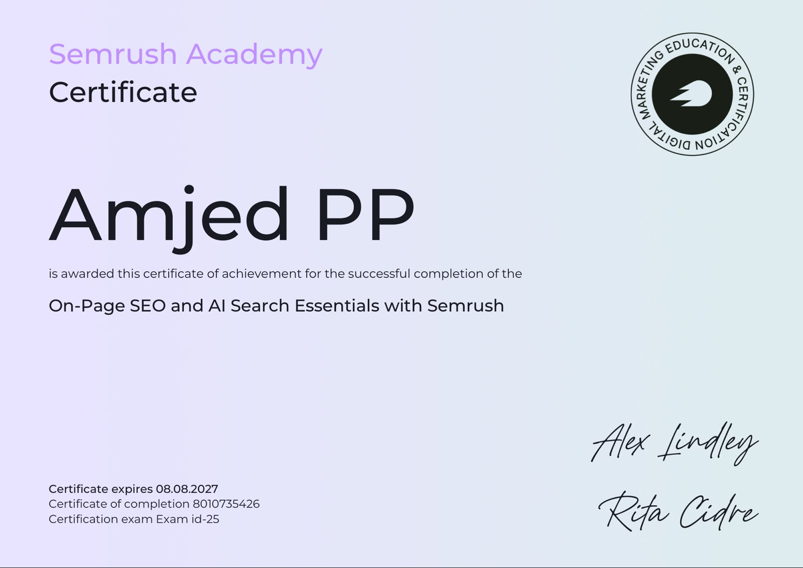 **Alt text:** Semrush Academy certificate awarded to Amjed PP for successfully completing “On-Page SEO and AI Search Essentials with Semrush,” with certificate details, expiration date, and signatures.