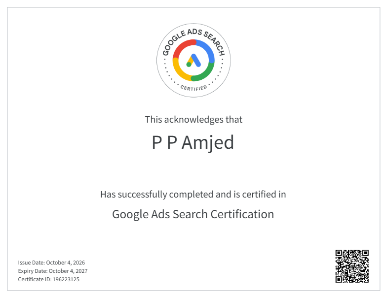 I earned this official digital credential by demonstrating proficiency in online marketing. It validates my professional competence in managing paid search campaigns through Google's advertising platform, and confirms that I passed the required examinations.